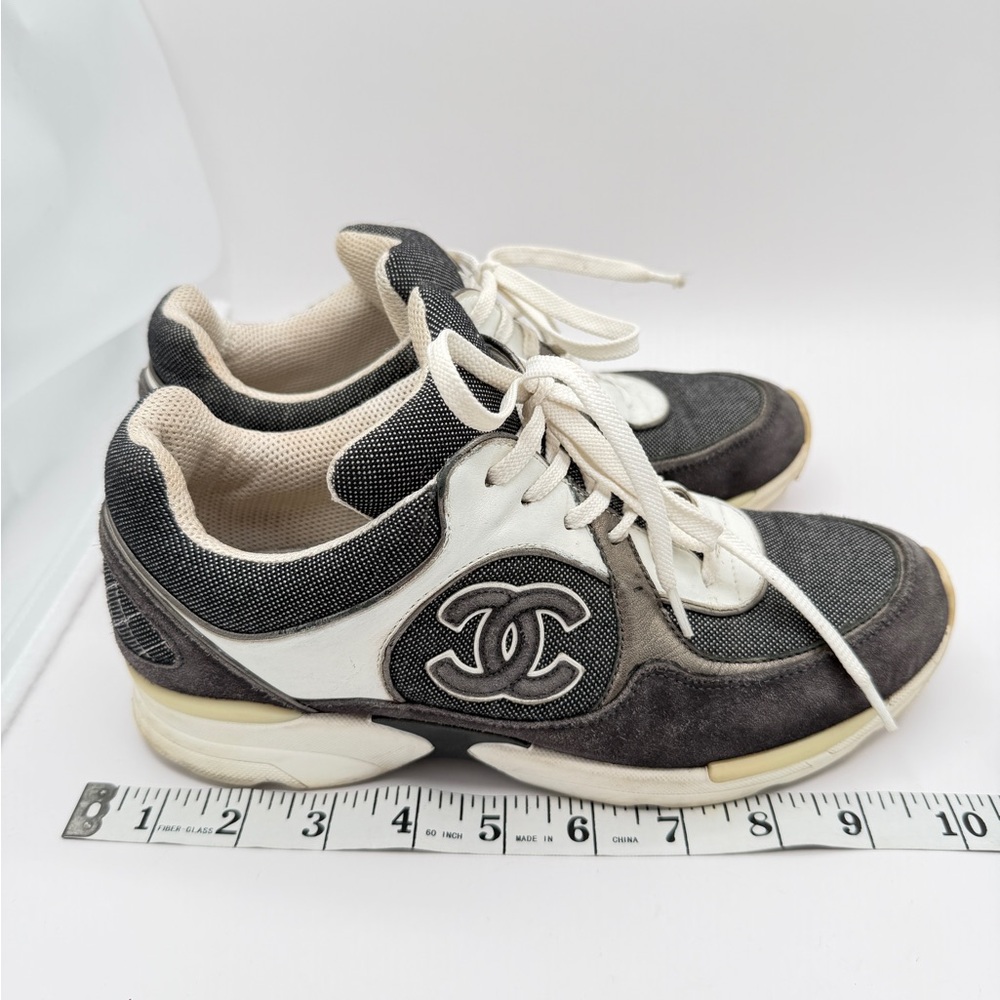CHANEL Suede Calfskin Authentic CC Sneakers Size 38.5 Dark Grey, White,& Silver - Picture 7 of 12